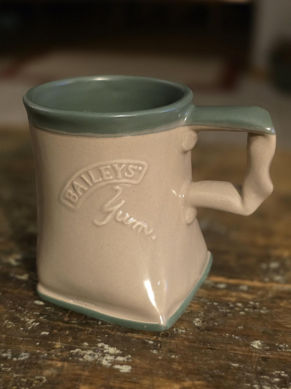 Baileys Yum Promotional Whimsical Ceramic Mug in Sage and Cream Skewed Shape